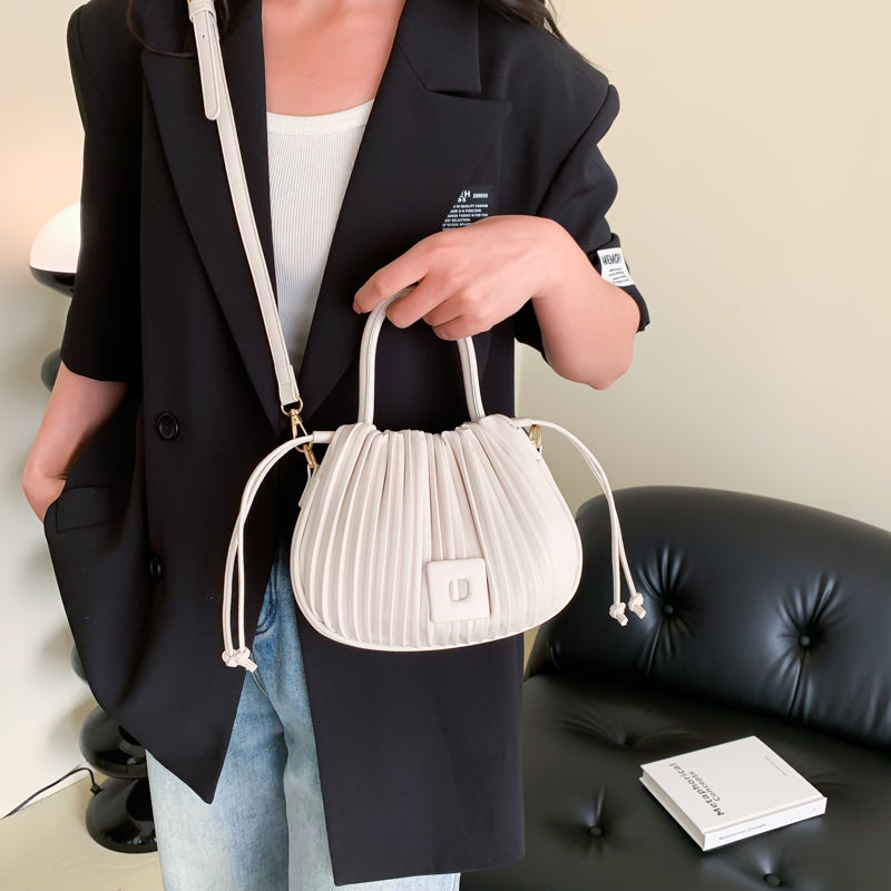 Crossbody Bag Faux Leather with Top Handle and Pleated Design