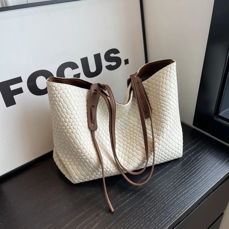 Tote Bag Faux Leather Braided with Zip and Wide Handles