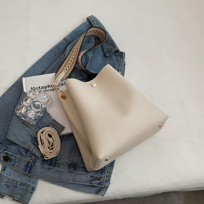 Bucket Bag Faux Leather Pebbled with Canvas Strap and Zip
