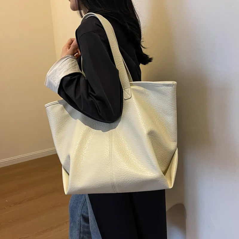 Tote Bag Faux Leather with Zipped Compartment and Sturdy Handles