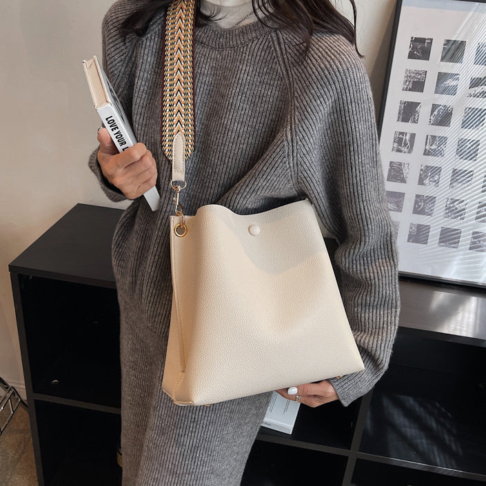 Bucket Bag Faux Leather Pebbled with Canvas Strap and Zip