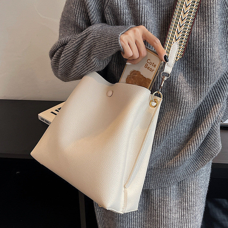 Bucket Bag Faux Leather Pebbled with Canvas Strap and Zip