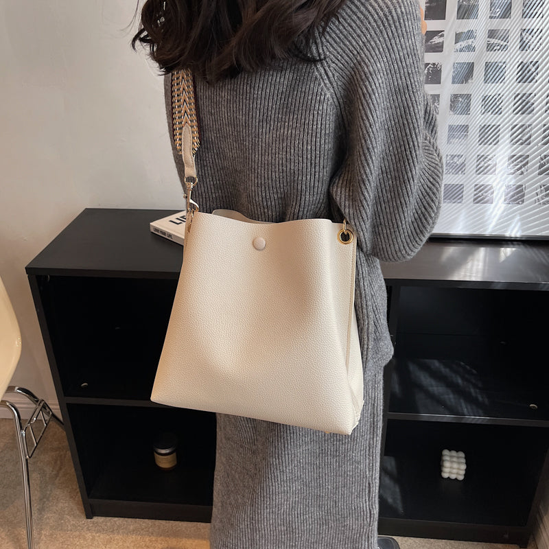 Bucket Bag Faux Leather Pebbled with Canvas Strap and Zip