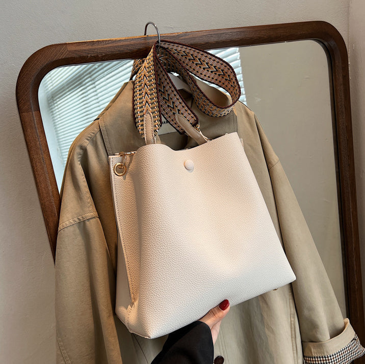 Bucket Bag Faux Leather Pebbled with Canvas Strap and Zip