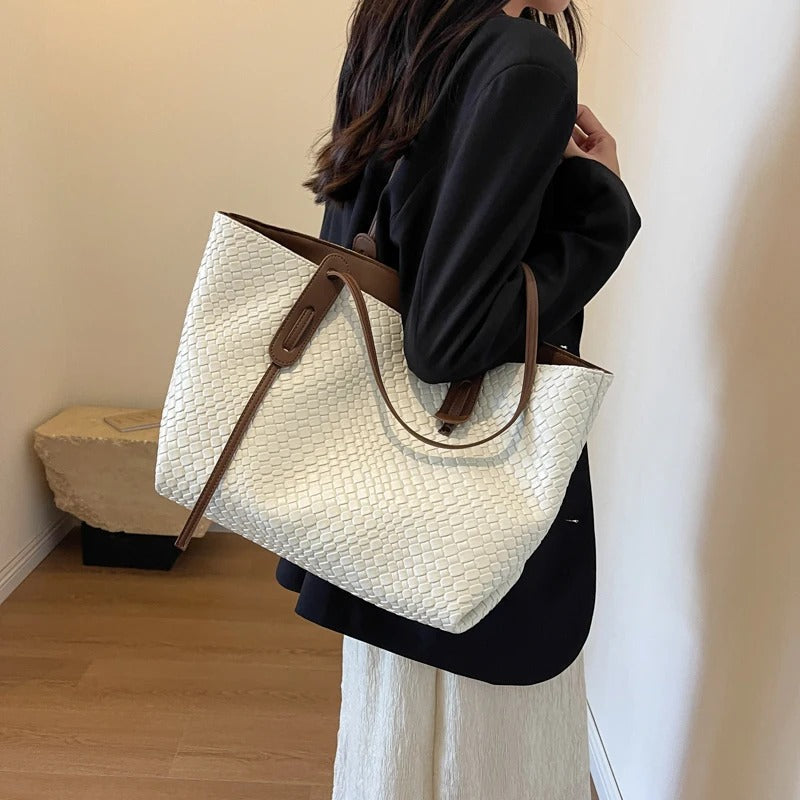 Tote Bag Faux Leather Braided with Zip and Wide Handles