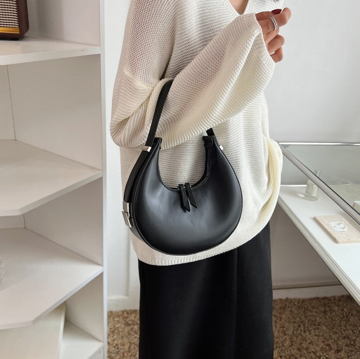 Crescent Bag Faux Leather with Zip and Silver-Tone Hardware