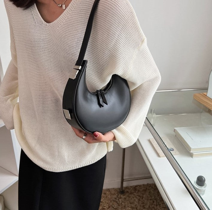 Crescent Bag Faux Leather with Zip and Silver-Tone Hardware