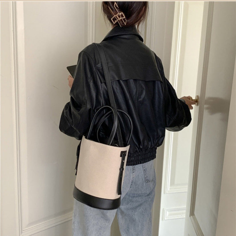 Tote Bag Canvas Faux Leather with Adjustable Crossbody Strap