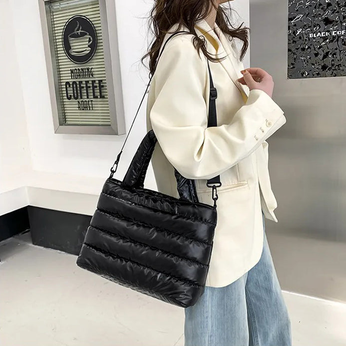 Cotton and nylon tote bag with zip top and removable strap