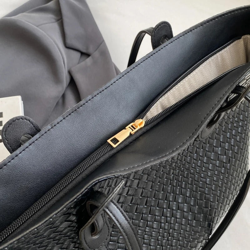 Tote Bag Faux Leather Braided with Zip and Wide Handles