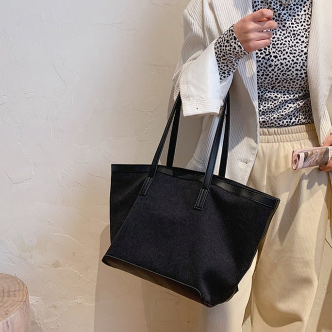Tote Bag Textured Canvas with Faux Leather Trim and Zip
