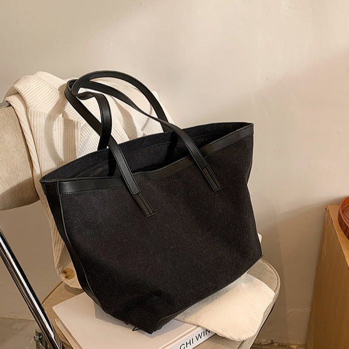 Tote Bag Textured Canvas with Faux Leather Trim and Zip