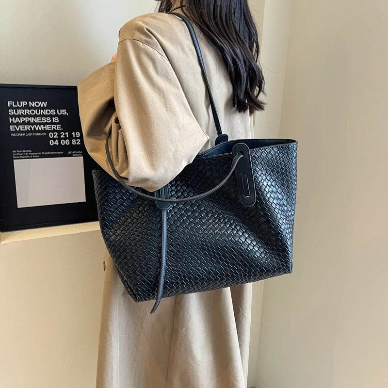 Tote Bag Faux Leather Braided with Zip and Wide Handles