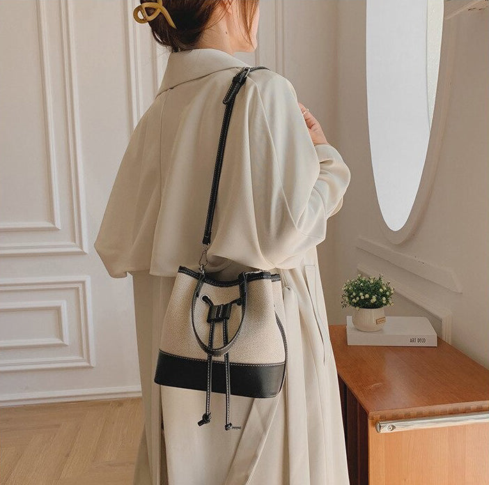 Bucket Bag Canvas Faux Leather with Short and Long Straps