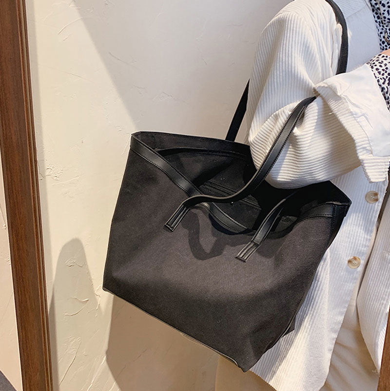 Tote Bag Textured Canvas with Faux Leather Trim and Zip