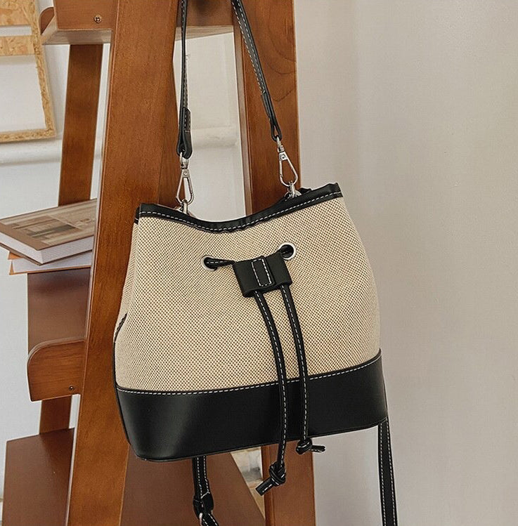 Bucket Bag Canvas Faux Leather with Short and Long Straps
