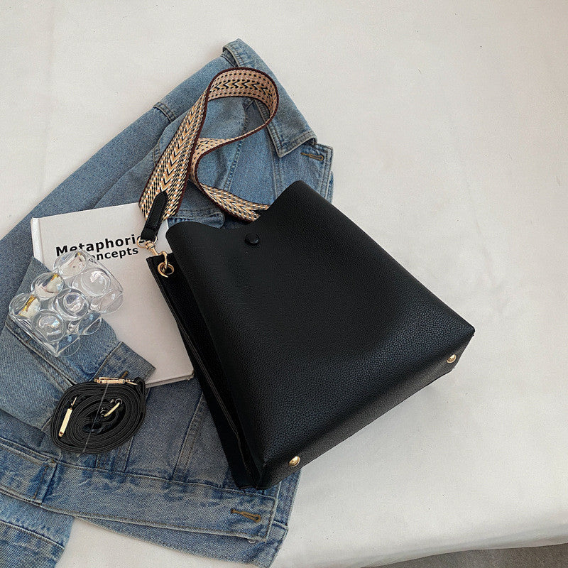 Bucket Bag Faux Leather Pebbled with Canvas Strap and Zip