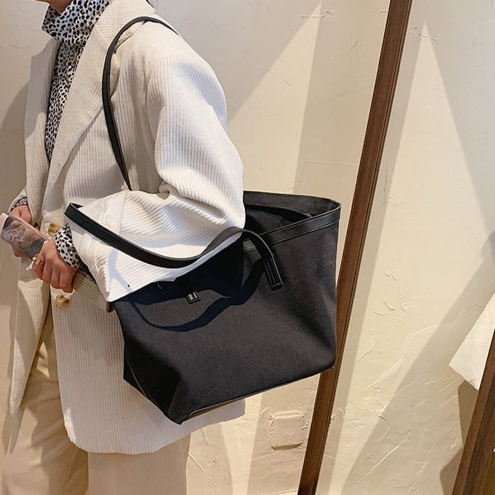 Tote Bag Textured Canvas with Faux Leather Trim and Zip