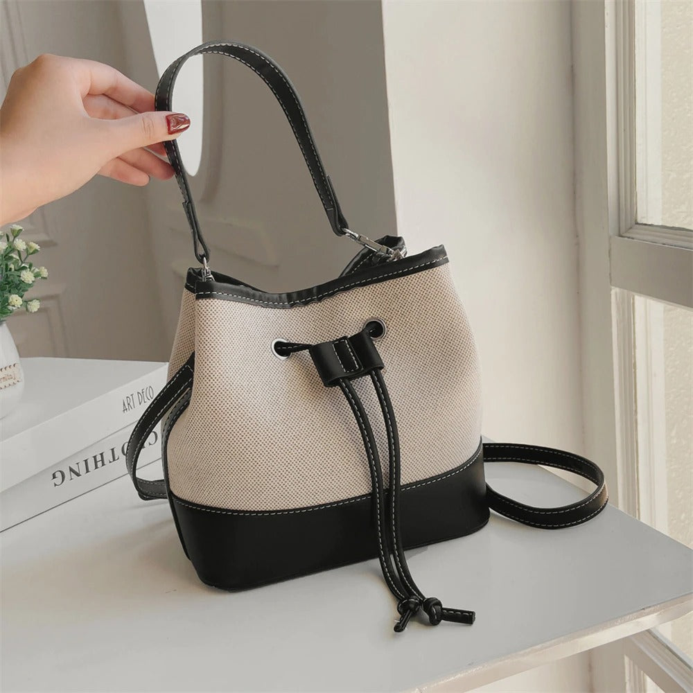 Bucket Bag Canvas Faux Leather with Short and Long Straps