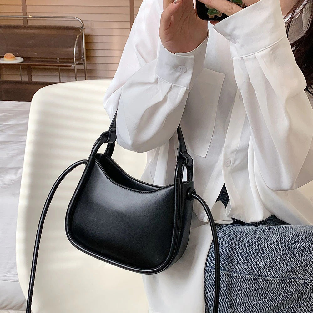 Top Handle Bag Faux Leather with Snap Clasp and Long Strap