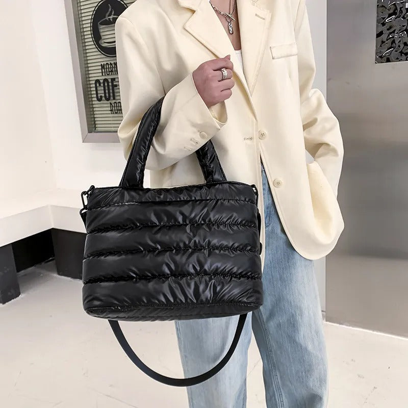 Cotton and nylon tote bag with zip top and removable strap