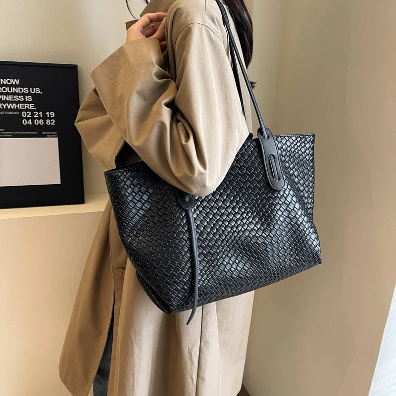Tote Bag Faux Leather Braided with Zip and Wide Handles