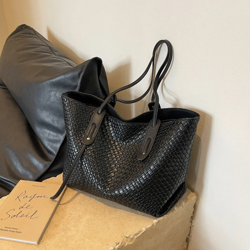 Tote Bag Faux Leather Braided with Zip and Wide Handles