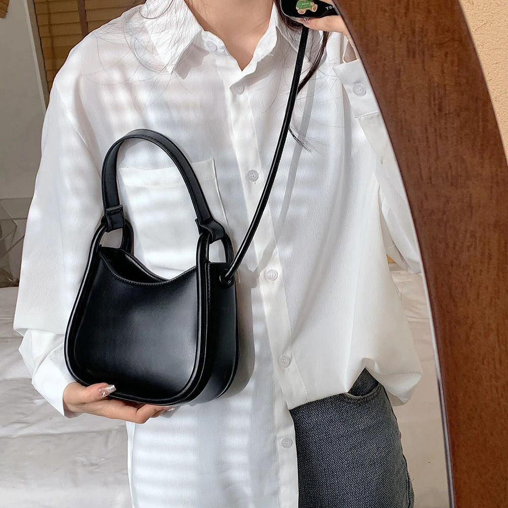 Top Handle Bag Faux Leather with Snap Clasp and Long Strap
