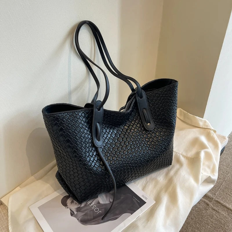 Tote Bag Faux Leather Braided with Zip and Wide Handles