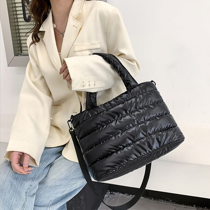 Cotton and nylon tote bag with zip top and removable strap