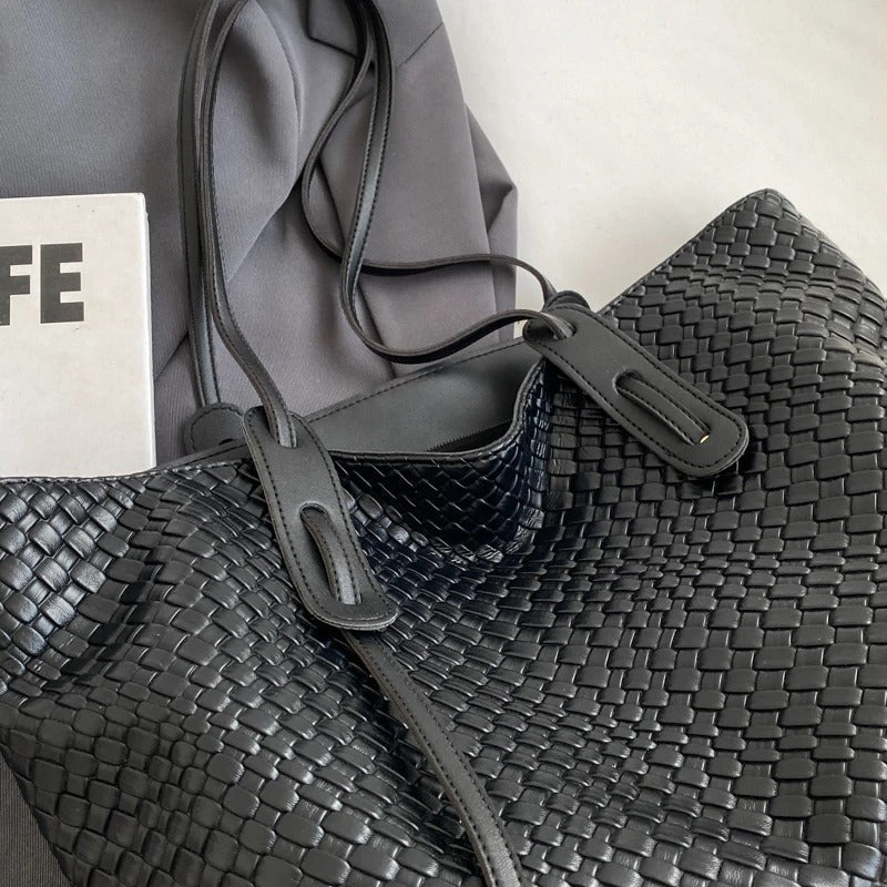 Tote Bag Faux Leather Braided with Zip and Wide Handles