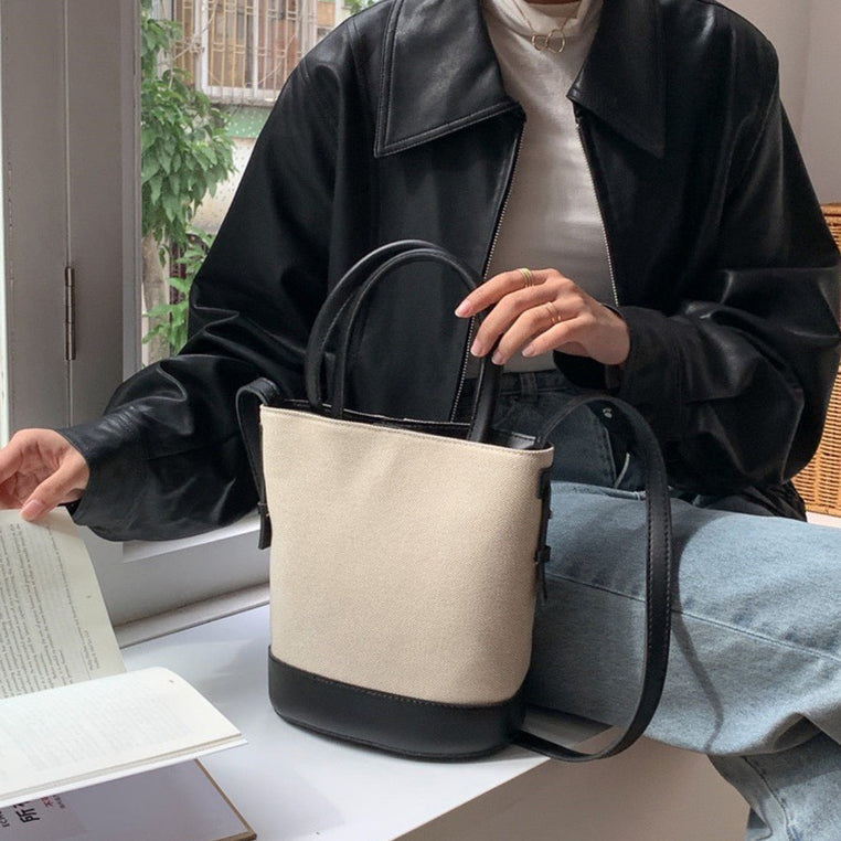 Tote Bag Canvas Faux Leather with Adjustable Crossbody Strap