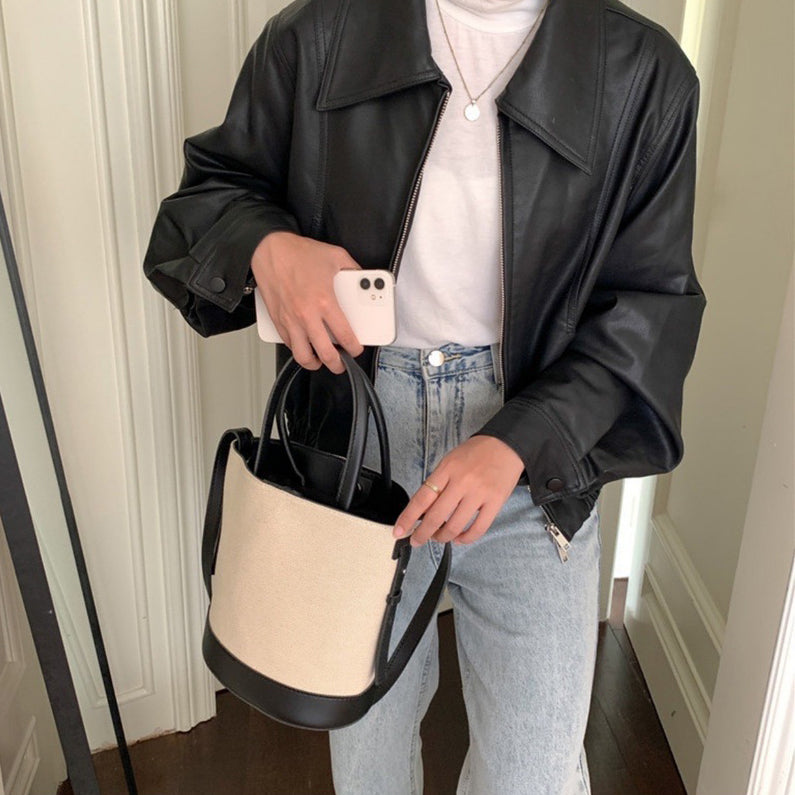 Tote Bag Canvas Faux Leather with Adjustable Crossbody Strap