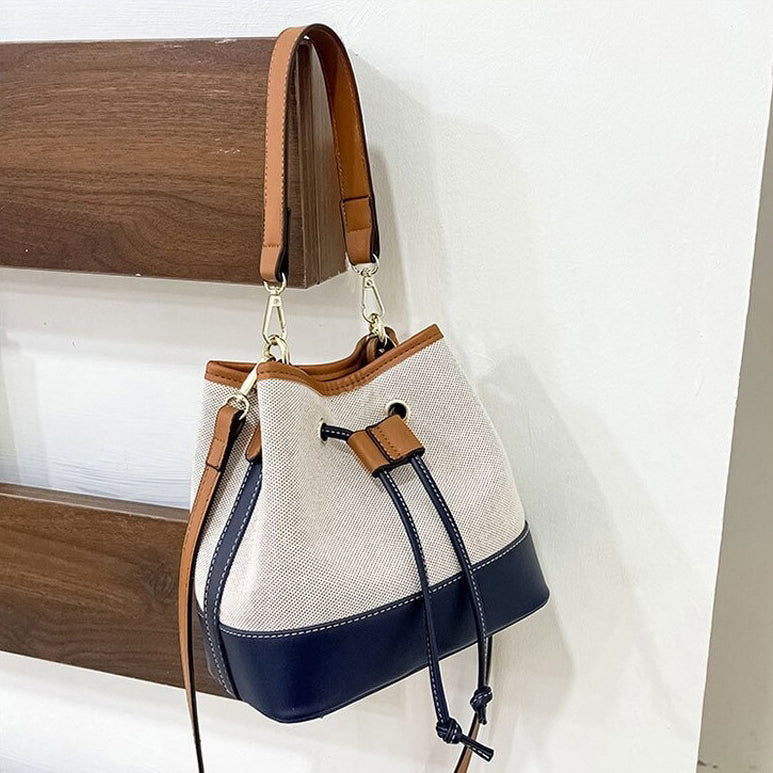 Bucket Bag Canvas Faux Leather with Short and Long Straps