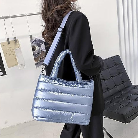 Cotton and nylon tote bag with zip top and removable strap