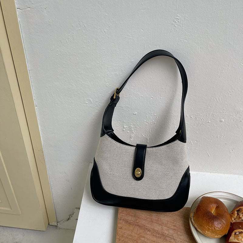 Shoulder Bag Textured Canvas with Faux Leather Trim and Twist-Lock