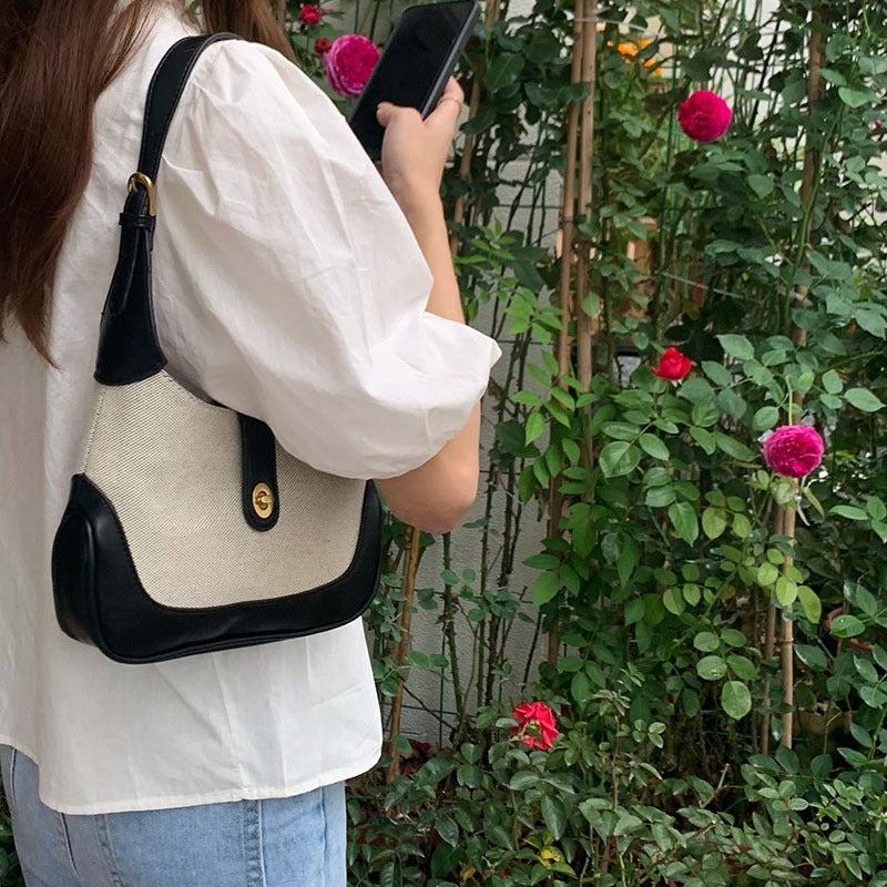 Shoulder Bag Textured Canvas with Faux Leather Trim and Twist-Lock