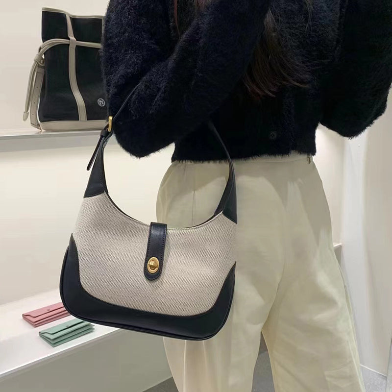 Shoulder Bag Textured Canvas with Faux Leather Trim and Twist-Lock