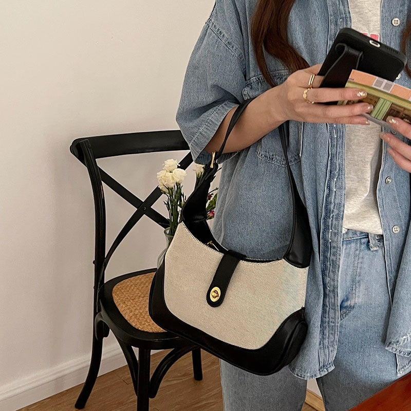 Shoulder Bag Textured Canvas with Faux Leather Trim and Twist-Lock
