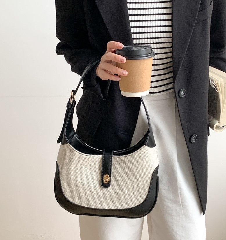 Shoulder Bag Textured Canvas with Faux Leather Trim and Twist-Lock