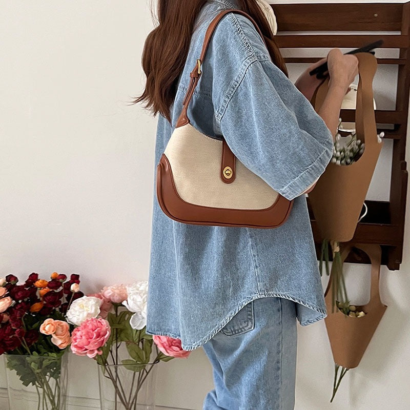 Shoulder Bag Textured Canvas with Faux Leather Trim and Twist-Lock