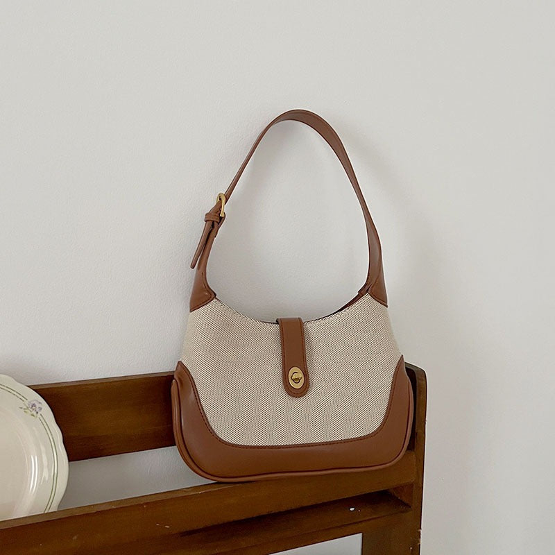 Shoulder Bag Textured Canvas with Faux Leather Trim and Twist-Lock
