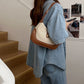 Shoulder Bag Textured Canvas with Faux Leather Trim and Twist-Lock