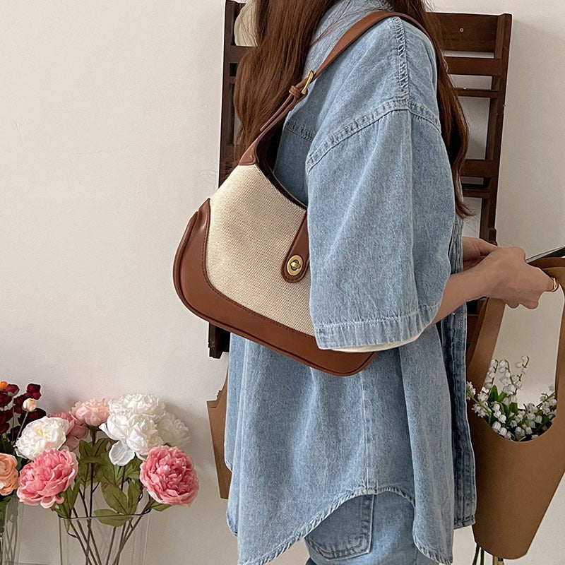 Shoulder Bag Textured Canvas with Faux Leather Trim and Twist-Lock