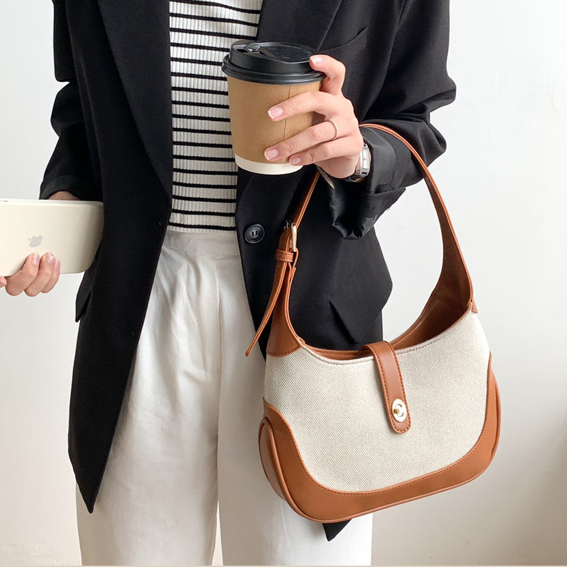 Shoulder Bag Textured Canvas with Faux Leather Trim and Twist-Lock