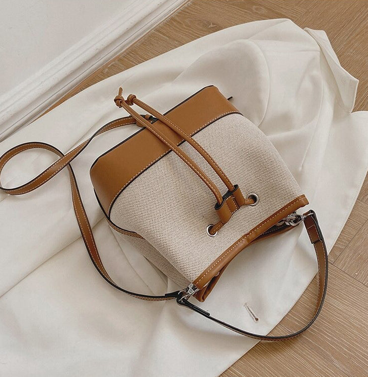 Bucket Bag Canvas Faux Leather with Short and Long Straps