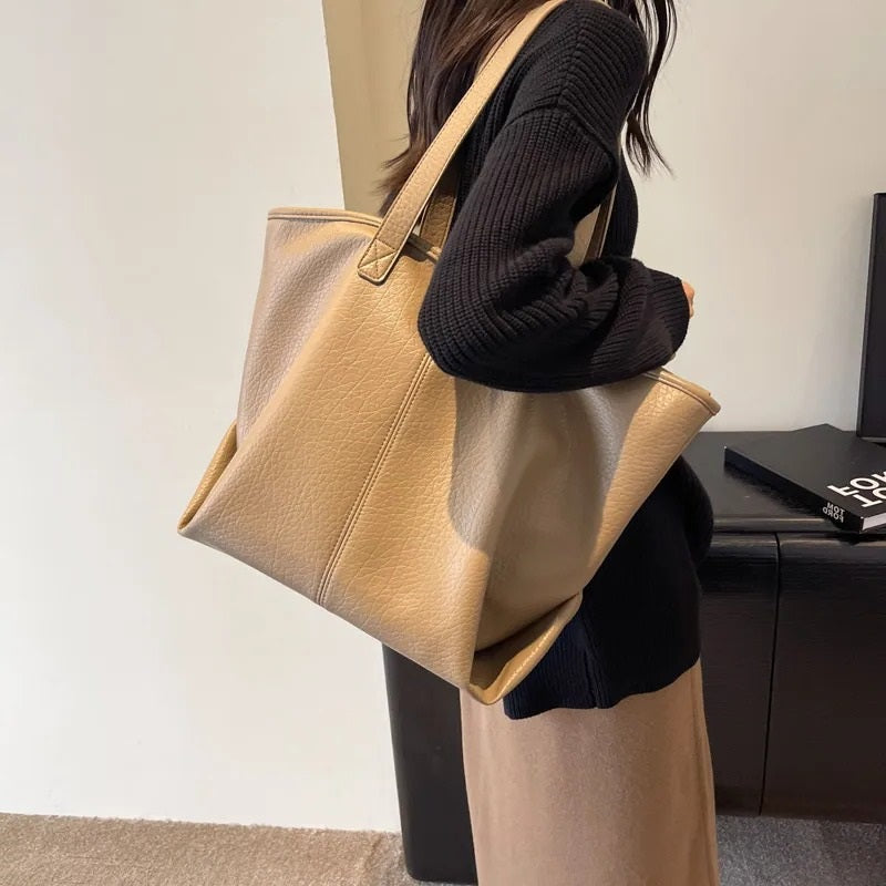 Tote Bag Faux Leather with Zipped Compartment and Sturdy Handles