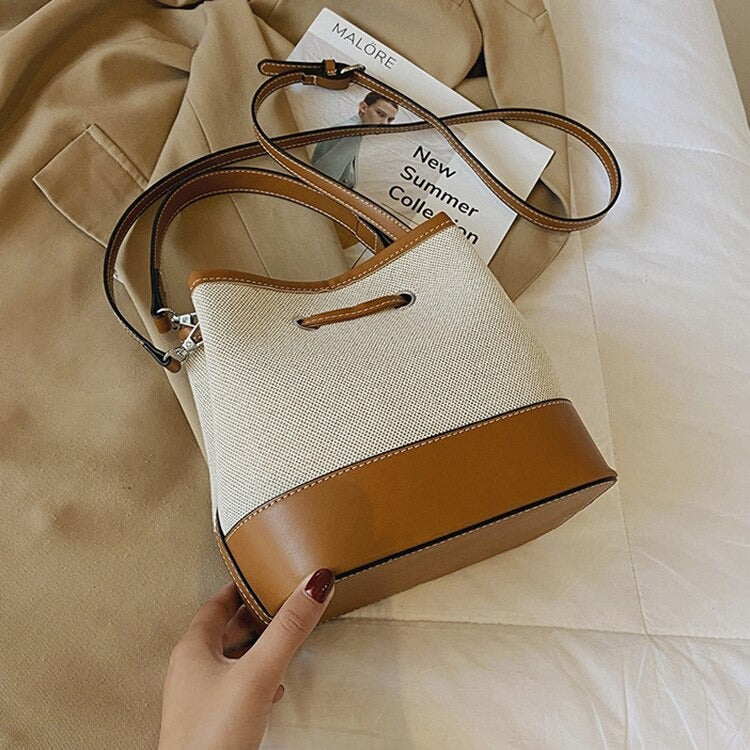 Bucket Bag Canvas Faux Leather with Short and Long Straps