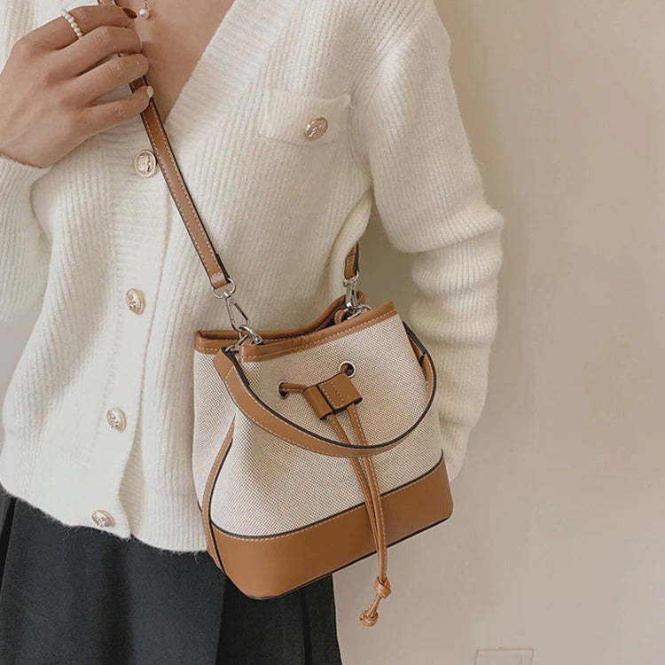 Bucket Bag Canvas Faux Leather with Short and Long Straps