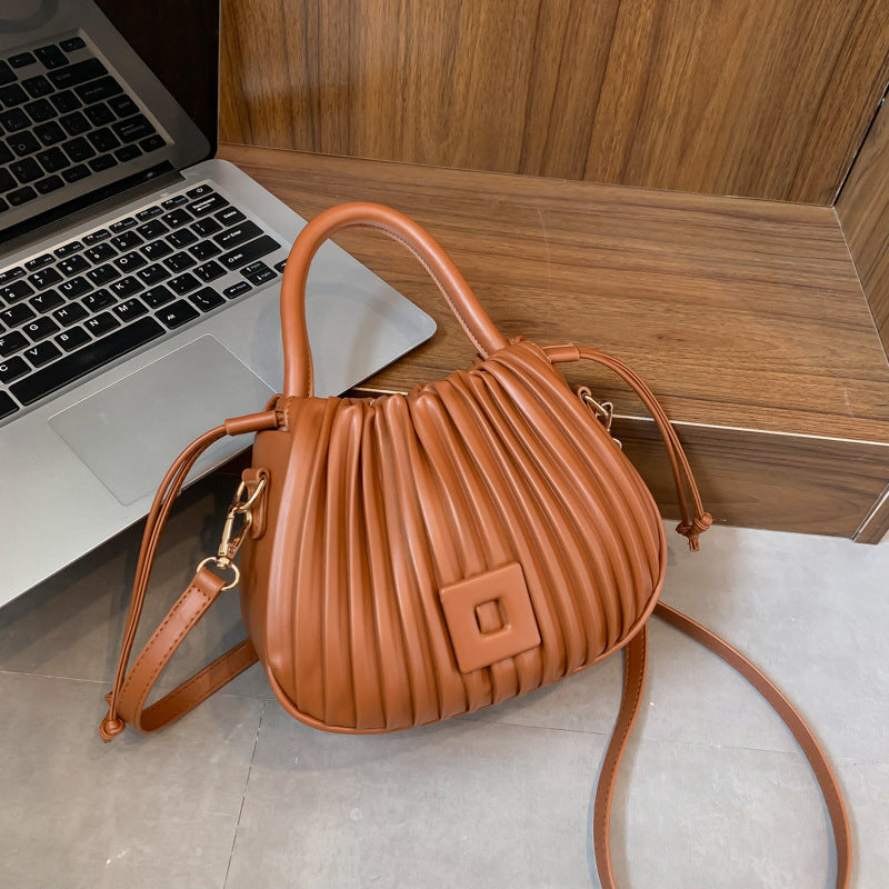 Crossbody Bag Faux Leather with Top Handle and Pleated Design